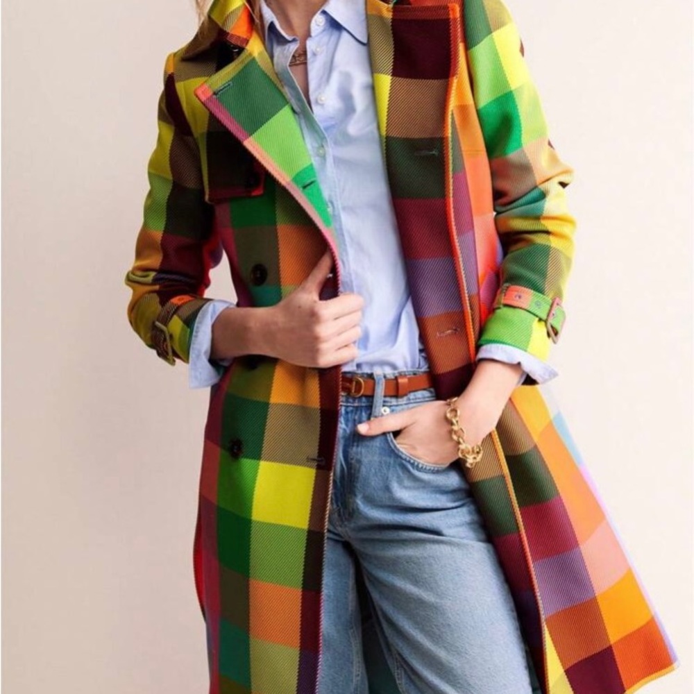 🎉Colorful Checkered Plaid Double Breasted belted Trench Coat - Picture 11 of 12